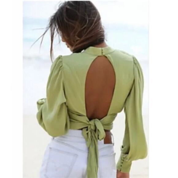 Free People Tops - Free People Elle Silky High Neck Blouse in Pistachio Green